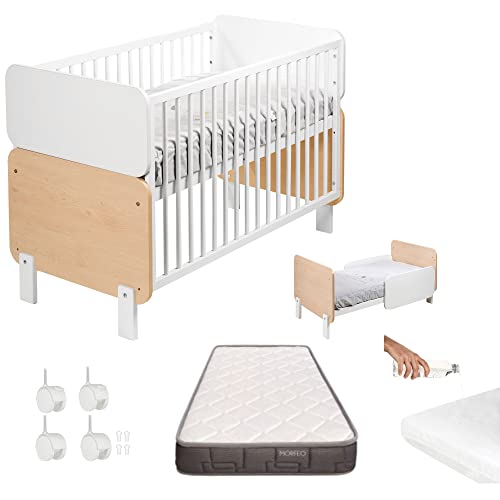 COOL · DREAMS - Cuna bebé convertible en cama infantil Jumeirah nordic+ 4 ruedas + Colchón HR Morfeo + protector de colchón