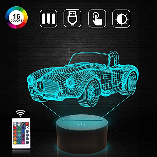 CooPark coche lámpara 3d, luz de noche LED con 16 colores y mesita de noche remota para el hogar, decoración de la habitación de los niños, regalos navideños de cumpleaños para niños