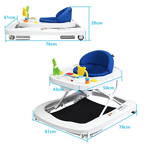 COSTWAY Andador Portátil para Niños, Andador Plegable para Niños y Bebés con 3 Alturas Regulables, Ruedas Giratorias a 360°, Animal Juguete Removible, Música y Luces, Ideal Niños 6-18 Meses (Azul)