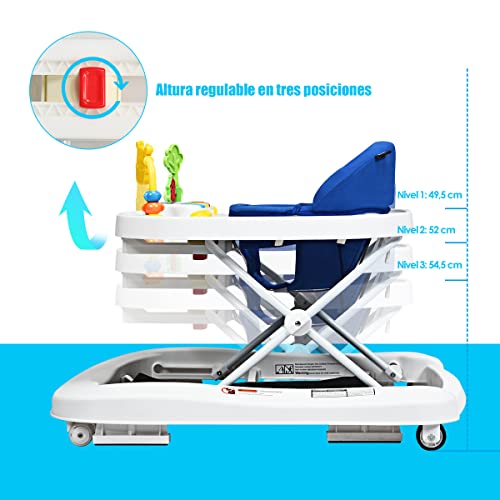 COSTWAY Andador Portátil para Niños, Andador Plegable para Niños y Bebés con 3 Alturas Regulables, Ruedas Giratorias a 360°, Animal Juguete Removible, Música y Luces, Ideal Niños 6-18 Meses (Azul)