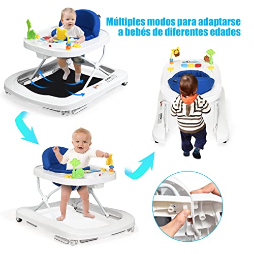 COSTWAY Andador Portátil para Niños, Andador Plegable para Niños y Bebés con 3 Alturas Regulables, Ruedas Giratorias a 360°, Animal Juguete Removible, Música y Luces, Ideal Niños 6-18 Meses (Azul)