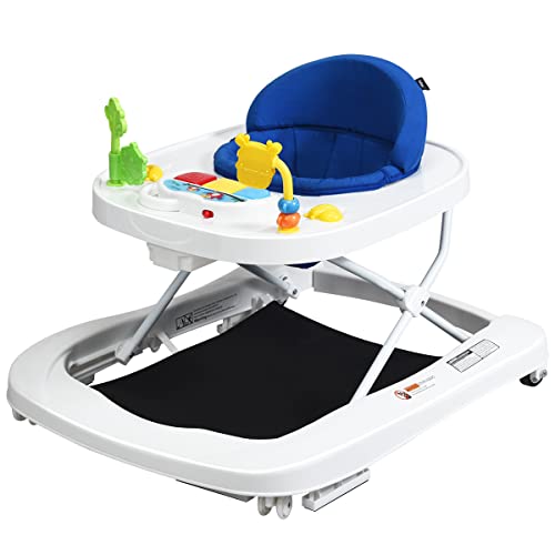 COSTWAY Andador Portátil para Niños, Andador Plegable para Niños y Bebés con 3 Alturas Regulables, Ruedas Giratorias a 360°, Animal Juguete Removible, Música y Luces, Ideal Niños 6-18 Meses (Azul)