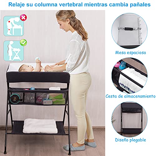 COSTWAY Cambiador Plegable para Niños, Cubículo Cambio Pañales con Cinturón de Seguridad, Cesta con Amplio Espacio, Tendedero para Ropa, Organizador Cuarto para Bebés y Niño (negro)