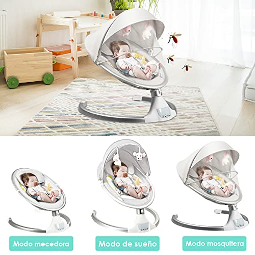 COSTWAY Hamaca para Bebé Silla Mecedora Eléctrica para Niños con 5 Amplitudes/Música/Bluetooth/Cinturón de Seguridad/Techo Removible y Mosquitera (Blanco)