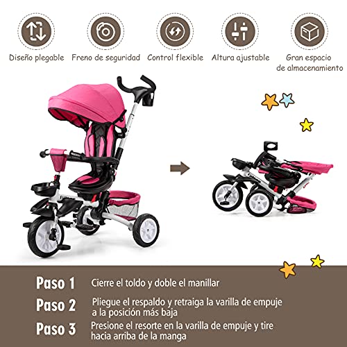 COSTWAY Triciclo para Niños Multiuso con Techo Ajustable y Extraíble Cinturón de Seguridad Silla de Paseo con Varilla de Empuje y Pedal Plegable para Niños de 12 a 50 Meses (Rosa)