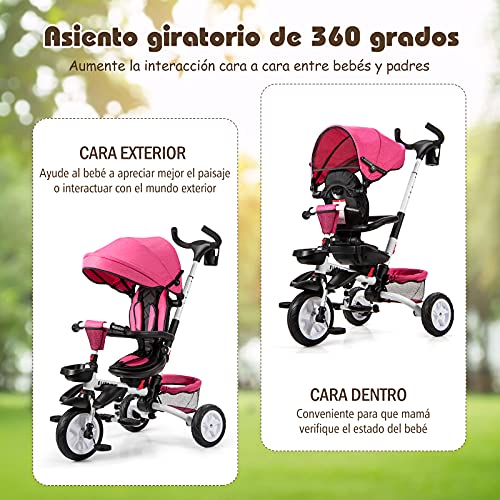 COSTWAY Triciclo para Niños Multiuso con Techo Ajustable y Extraíble Cinturón de Seguridad Silla de Paseo con Varilla de Empuje y Pedal Plegable para Niños de 12 a 50 Meses (Rosa)