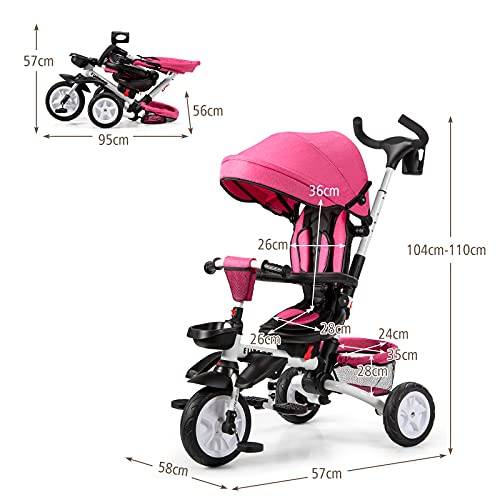 COSTWAY Triciclo para Niños Multiuso con Techo Ajustable y Extraíble Cinturón de Seguridad Silla de Paseo con Varilla de Empuje y Pedal Plegable para Niños de 12 a 50 Meses (Rosa)