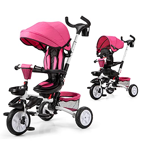 COSTWAY Triciclo para Niños Multiuso con Techo Ajustable y Extraíble Cinturón de Seguridad Silla de Paseo con Varilla de Empuje y Pedal Plegable para Niños de 12 a 50 Meses (Rosa)