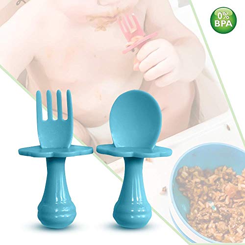 Cuchara para bebé - Tenedor para bebé - Cuchara y tenedor para bebé, Multicolor, Juego de cubiertos para alentar a su bebé a comer independientemente, sin BPA. (Pack de 2, Azul)