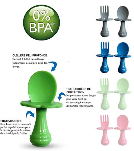 Cuchara para bebé - Tenedor para bebé - Cuchara y tenedor para bebé, Multicolor, Juego de cubiertos para alentar a su bebé a comer independientemente, sin BPA. (Pack de 2, Azul)