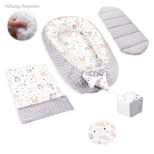 Cuna Nido Bebe 90x50 Minky - Reductor de Cuna Capullo de 5 Partes con Almohadilla térmica de Cubo sensorial Plana Tipo Manta Gris