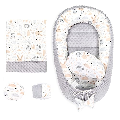 Cuna Nido Bebe 90x50 Minky - Reductor de Cuna Capullo de 5 Partes con Almohadilla térmica de Cubo sensorial Plana Tipo Manta Gris