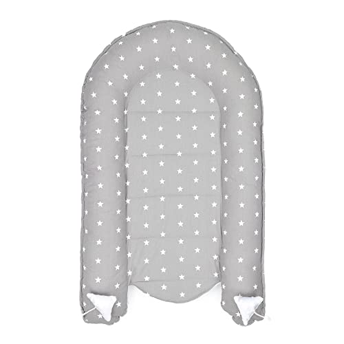 Cuna Nido Bebe 90x50 Minky – Reductor de Cuna Handmade Conjunto Bebe Recien Nacido de 4 Partes Estrellas Blancas con Gris Claro