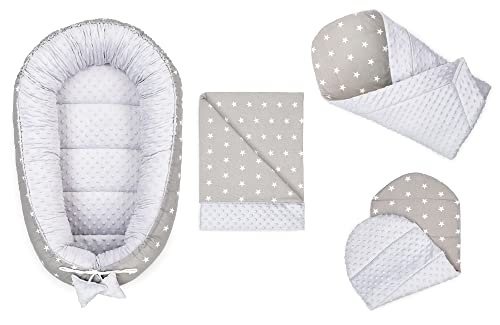 Cuna Nido Bebe 90x50 Minky – Reductor de Cuna Handmade Conjunto Bebe Recien Nacido de 4 Partes Estrellas Blancas con Gris Claro