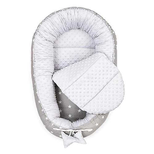 Cuna Nido Bebe 90x50 Minky – Reductor de Cuna Handmade Conjunto Bebe Recien Nacido de 4 Partes Estrellas Blancas con Gris Claro