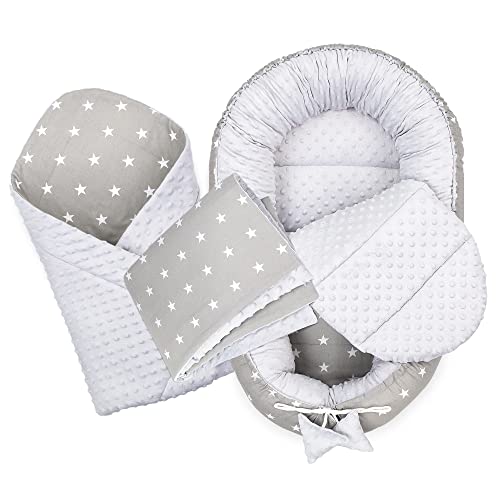 Cuna Nido Bebe 90x50 Minky – Reductor de Cuna Handmade Conjunto Bebe Recien Nacido de 4 Partes Estrellas Blancas con Gris Claro