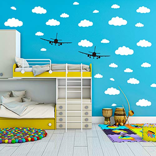 CUNYA 31 pegatinas de pared con nubes blancas y 2 unidades de aviones negros, fácil de pelar y pegar, pegatinas de papel pintado removibles para dormitorios de niñas, guardería