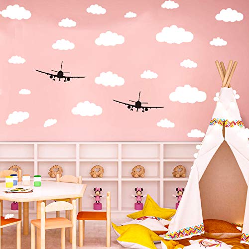 CUNYA 31 pegatinas de pared con nubes blancas y 2 unidades de aviones negros, fácil de pelar y pegar, pegatinas de papel pintado removibles para dormitorios de niñas, guardería