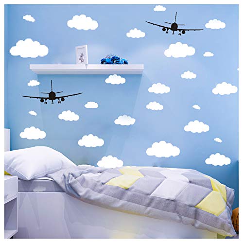 CUNYA 31 pegatinas de pared con nubes blancas y 2 unidades de aviones negros, fácil de pelar y pegar, pegatinas de papel pintado removibles para dormitorios de niñas, guardería