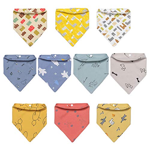 Czemo 10 Piezas Algodón Orgánico Baberos Bebe Bandanas con 2 Ajustables Botón a Presión,Suave y Absorbente Baberos Drool para Recién Nacidos Niños y Niñas 0-3 Años