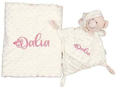 Danielstore- Manta bebe personalizada con nombre bordado, cochecito o capazo. Medidas 80x110 cm. Tacto terciopelo. Regalo Baby Shower Color Beige (Manta + dou dou)