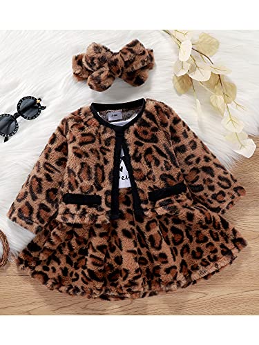 Dazzerake Conjunto de 3 piezas de ropa de bebé con letras de leopardo estampadas de piel de leopardo, vestido de manga larga + cremallera de cárdigan abrigo + banda, LEOPARDO, 3-6 meses