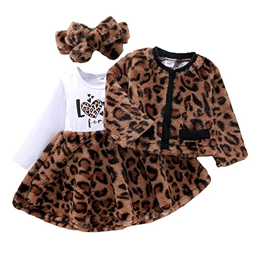 Dazzerake Conjunto de 3 piezas de ropa de bebé con letras de leopardo estampadas de piel de leopardo, vestido de manga larga + cremallera de cárdigan abrigo + banda, LEOPARDO, 3-6 meses