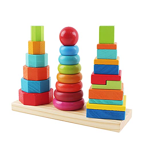 deAO Torre de Bloques de Construcción Apilables de Madera Juego Infantil Diseño Colorido y Seguro de Apilar, Equilibrio y Habilidad Juguete Educativo para el Desarrollo Temprano Niños y Niñas