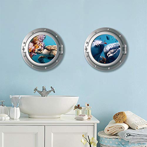 decalmile 2 Piezas Pegatinas de Pared 3D Submarino Ventana Vinilos Decorativos Bajo el Mar Delfín Tortuga Adhesivos Pared Infantiles Habitacion Bebe Baños Salón (Diámetro: 43 cm)