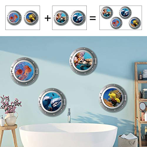 decalmile 2 Piezas Pegatinas de Pared 3D Submarino Ventana Vinilos Decorativos Bajo el Mar Delfín Tortuga Adhesivos Pared Infantiles Habitacion Bebe Baños Salón (Diámetro: 43 cm)