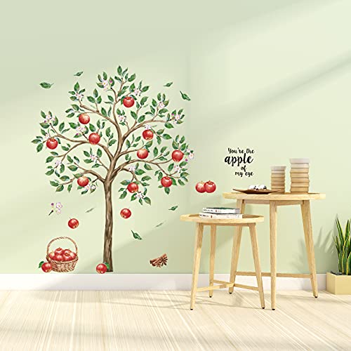 decalmile Pegatinas de Pared Árbol Verde Manzano Vinilos Decorativos Flores Planta Fruta Adhesivos Pared Dormitorio Salón Oficina