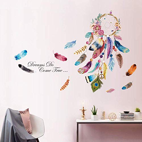 decalmile Pegatinas de Pared Atrapasueños Vistoso Pluma Flor Vinilos Decorativos Frases "Dream Do Come True" Adhesivos Pared Decorativos para Salon Dormitorio