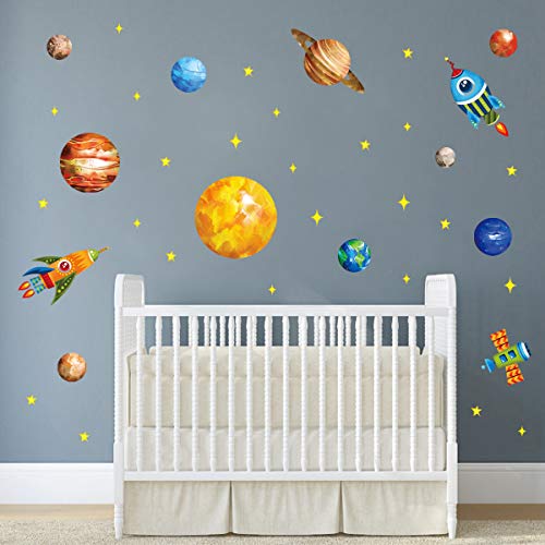 decalmile Pegatinas de Pared Espacio Planetas Cohetes Vinilos Decorativos Sistema Solar Espacio Estrellas Adhesivos Pared Habitación Infantiles Niños Bebés Dormitorio