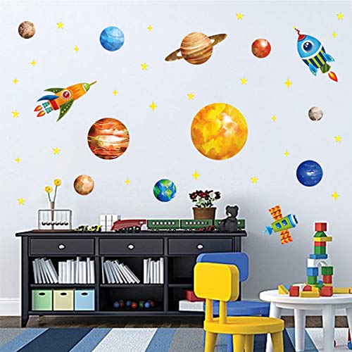 decalmile Pegatinas de Pared Espacio Planetas Cohetes Vinilos Decorativos Sistema Solar Espacio Estrellas Adhesivos Pared Habitación Infantiles Niños Bebés Dormitorio