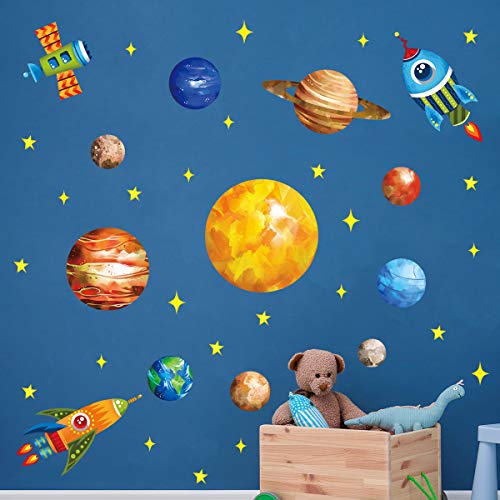 decalmile Pegatinas de Pared Espacio Planetas Cohetes Vinilos Decorativos Sistema Solar Espacio Estrellas Adhesivos Pared Habitación Infantiles Niños Bebés Dormitorio