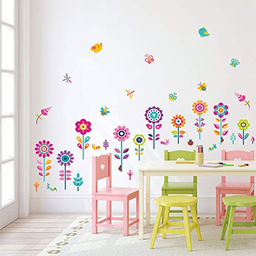 decalmile Pegatinas de Pared Jardín de Flores Vinilos Decorativos Mariposas Floral Rodapié Adhesivos Pared Habitación Infantiles Niña Dormitorio Salón