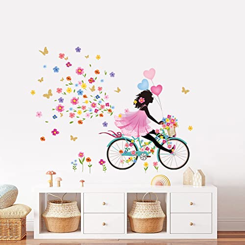 decalmile Pegatinas de Pared Niña Flor Hada Vinilos Decorativos Flores Mariposas Bicicleta Adhesivos Pared Habitación Niña Dormitorio Salón