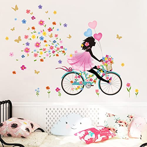 decalmile Pegatinas de Pared Niña Flor Hada Vinilos Decorativos Flores Mariposas Bicicleta Adhesivos Pared Habitación Niña Dormitorio Salón