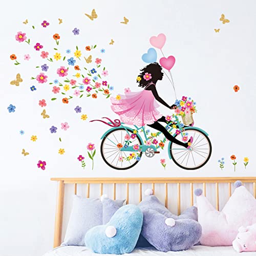 decalmile Pegatinas de Pared Niña Flor Hada Vinilos Decorativos Flores Mariposas Bicicleta Adhesivos Pared Habitación Niña Dormitorio Salón