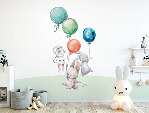 dekodino® Pegatina de pared animales de acuarela bebés de conejo con globos