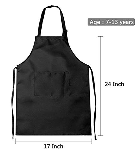 Delantal y gorro de chef para niños, color sólido, sin mangas, ajustable, delantal de cocina y chef con bolsillos para cocinar pintura (negro, 7-13 años)