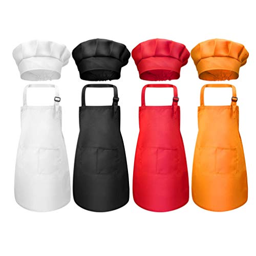 Delantal y gorro de chef para niños, color sólido, sin mangas, ajustable, delantal de cocina y chef con bolsillos para cocinar pintura (negro, 7-13 años)