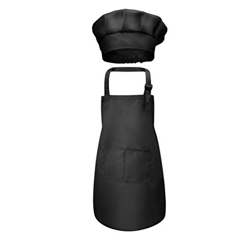 Delantal y gorro de chef para niños, color sólido, sin mangas, ajustable, delantal de cocina y chef con bolsillos para cocinar pintura (negro, 7-13 años)