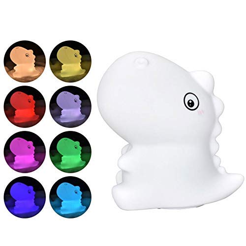 Dinosaurio Luz De Noche Para BebéS Y NiñOs,Silicona De Color Led PortáTil,Modo De LáMpara Dual CáLida,ConversióN De Color Blanco Y 7 Luces,Control TáCtil Sensible,Puerto Usb Recargable(Blanco)