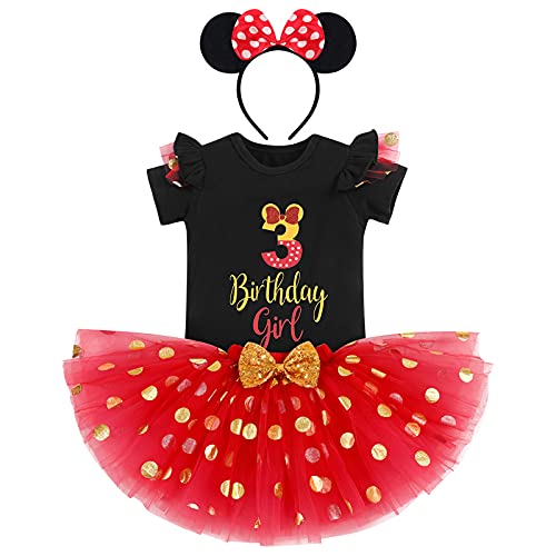 Disfraz de niña de 1, 2 o 3 cumpleaños de manga corta, pelele y camiseta de lunares de tul, tutú, falda de Minnie Mouse, 3 piezas, vestido de fiesta de cumpleaños para tarta Negro + rojo 3 3 Años