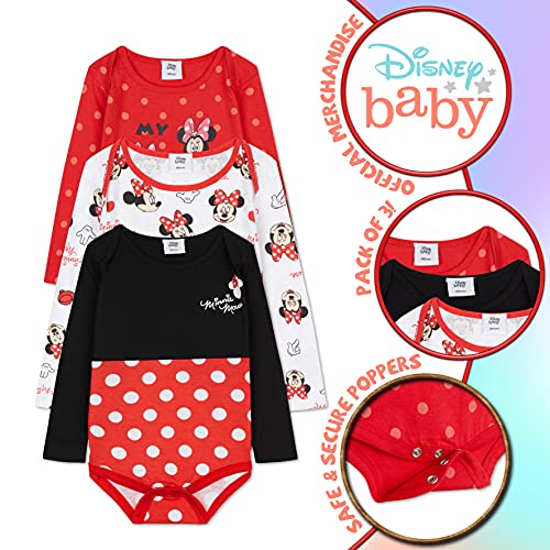 Disney Body Bebe Manga Larga de Minnie Mouse, Ropa Bebe 100% Algodón, Regalos Bebe Recien Nacido Pack de 3 (18-24 Meses, Multicolor)