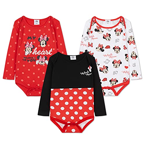 Disney Body Bebe Manga Larga de Minnie Mouse, Ropa Bebe 100% Algodón, Regalos Bebe Recien Nacido Pack de 3 (18-24 Meses, Multicolor)