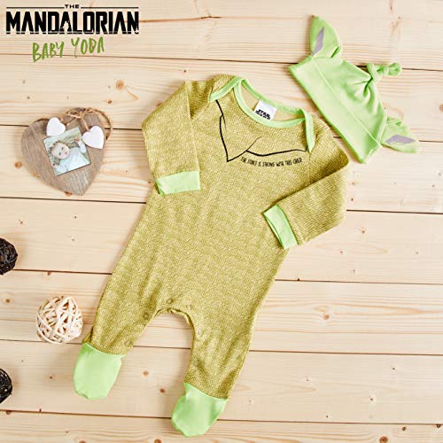 Disney Star Wars Ropa Bebe Niño Niña, Pijama Bebe de Baby Yoda, Body Bebe 100% Algodon, Pijama Entero con Gorro, Regalos para Bebes Niño Niña 0-24 Meses (Verde, 0-3 Meses)