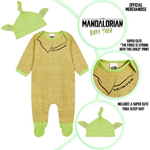 Disney Star Wars Ropa Bebe Niño Niña, Pijama Bebe de Baby Yoda, Body Bebe 100% Algodon, Pijama Entero con Gorro, Regalos para Bebes Niño Niña 0-24 Meses (Verde, 0-3 Meses)