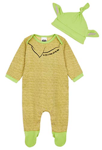 Disney Star Wars Ropa Bebe Niño Niña, Pijama Bebe de Baby Yoda, Body Bebe 100% Algodon, Pijama Entero con Gorro, Regalos para Bebes Niño Niña 0-24 Meses (Verde, 0-3 Meses)